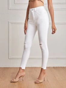 SHEIN Essnce High Waist Ripped Raw Hem Skinny Cropped Jeans - White - View 5