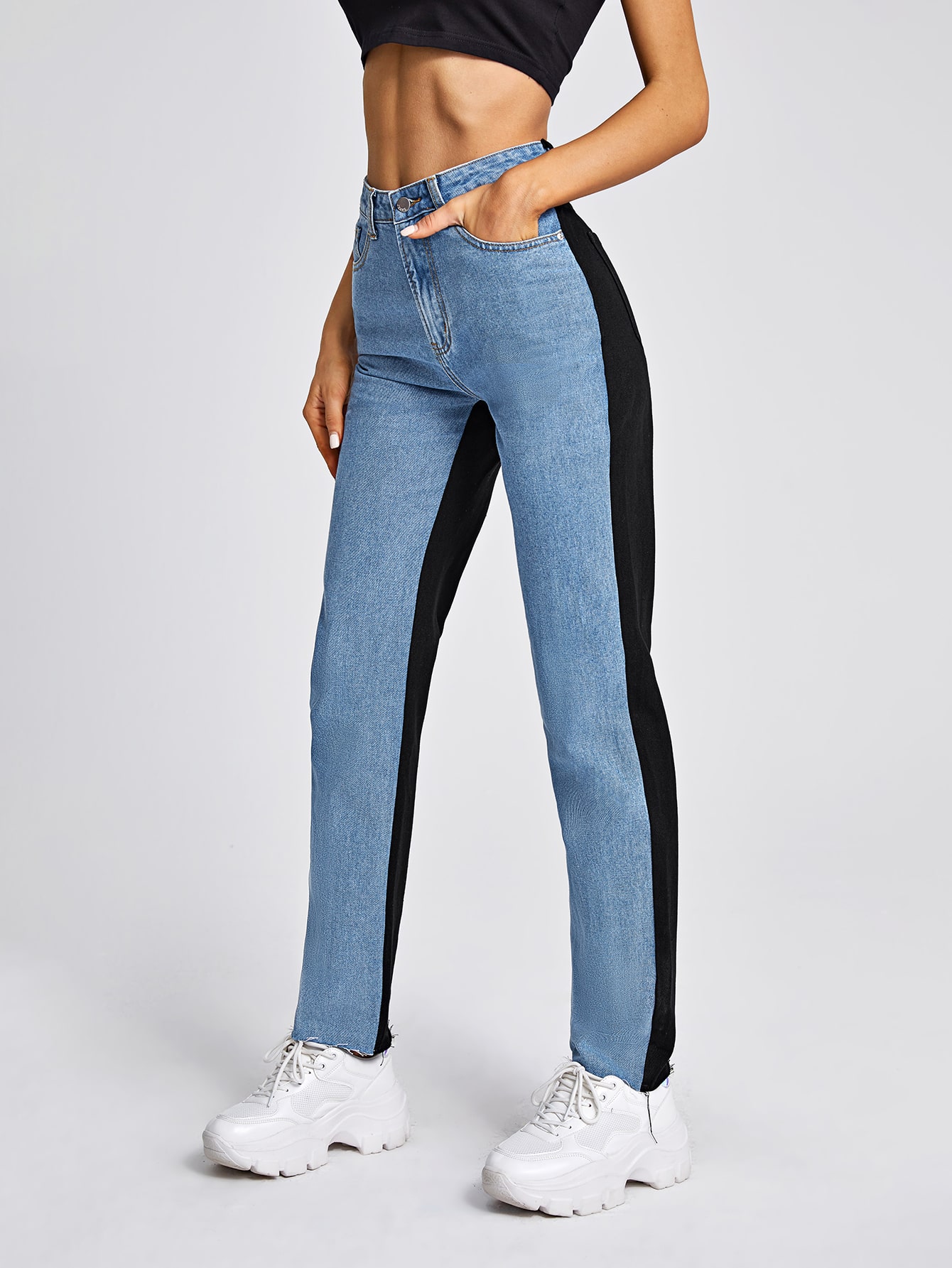 Casual Kleurblok Jeans Knoop | SHEIN Nederland