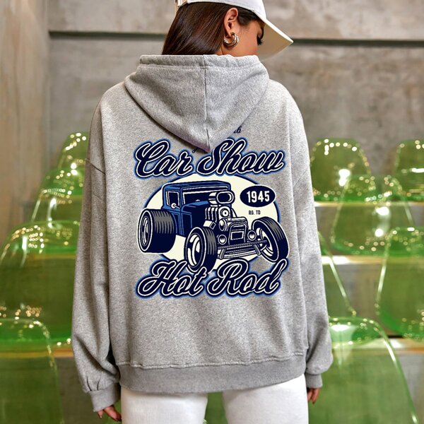 

Car And Letter Graphic Hoodie, Grey