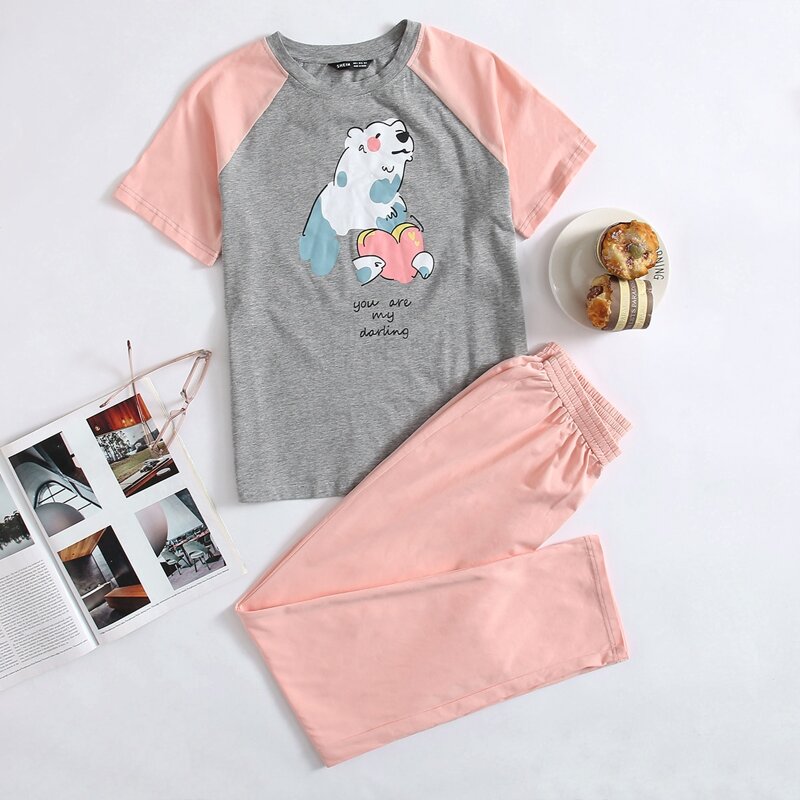 

Slogan & Cartoon Graphic Top & Pants PJ Set, Multicolor