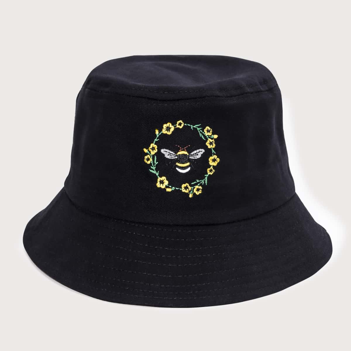 

Bee & Floral Embroidery Bucket Hat, Black