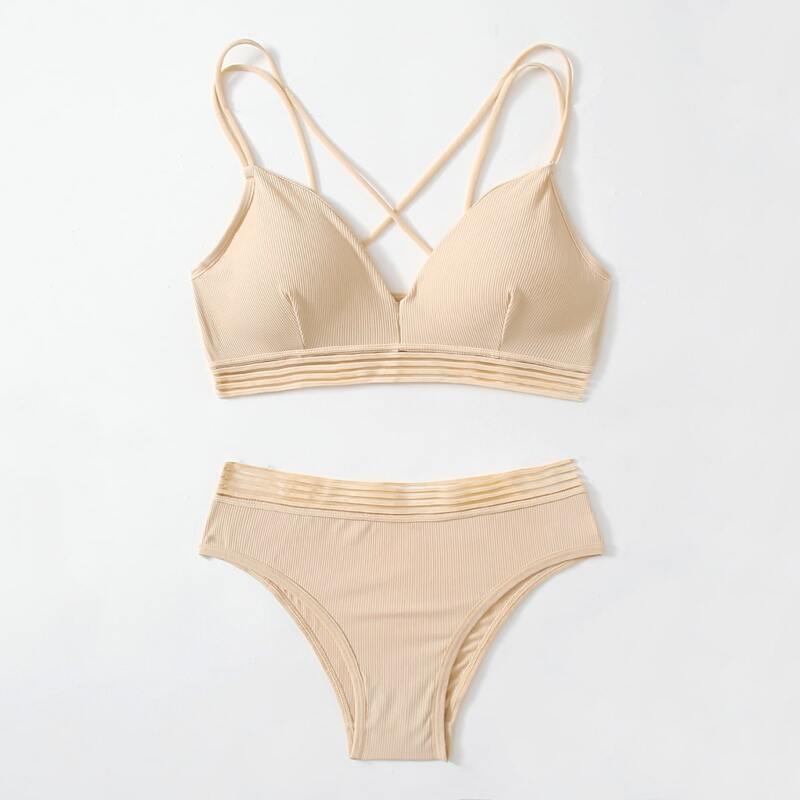 

Ribbed Crisscross Back Lingerie Set, Apricot
