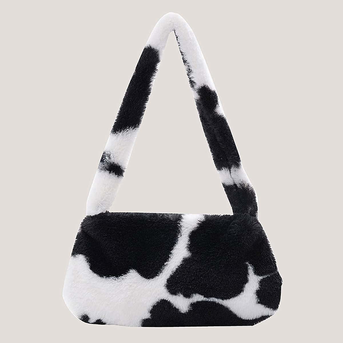

Cow Print Faux Fur Shoulder Bag, Black and white