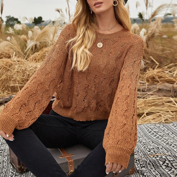 

Drop Shoulder Pointelle Knit Sweater, Brown