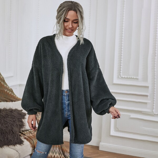 

Solid Drop Shoulder Oversized Teddy Coat, Dark grey