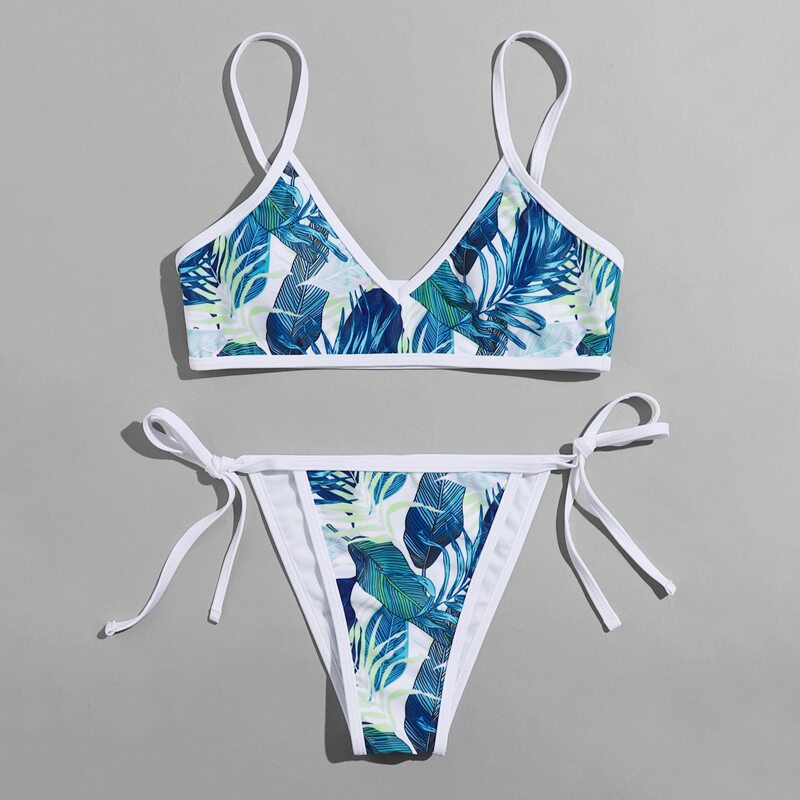 

Tropical Leaf Contrast Binding Bikini Swimsuit, Multicolor