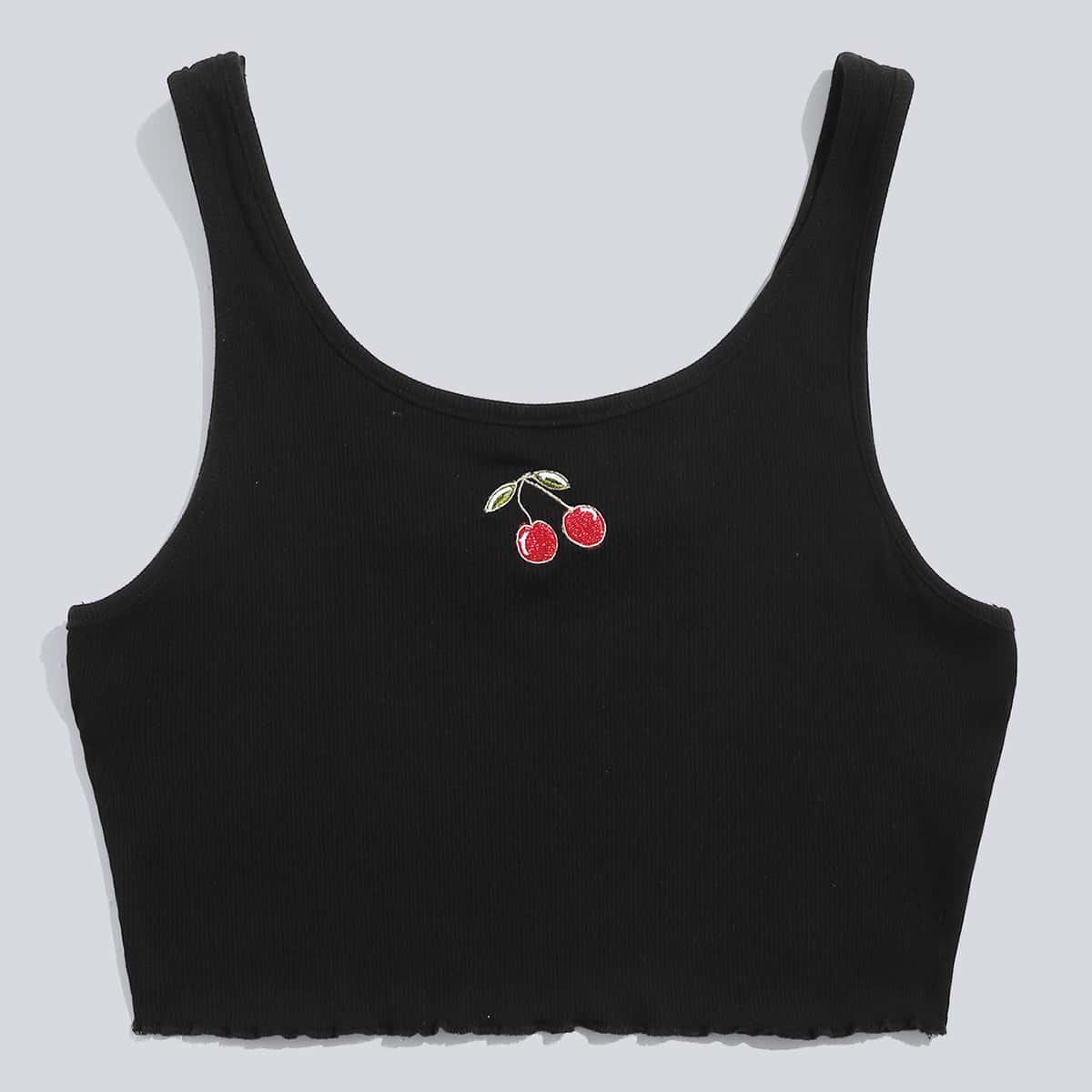 

Cherry Embroidery Crop Tank Top, Black
