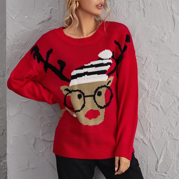 

Christmas Pattern Drop Shoulder Oversized Sweater, Red