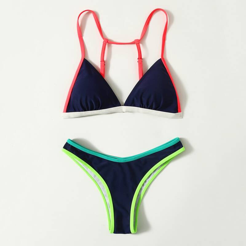 

Contrast Binding Triangle Bikini Swimsuit, Multicolor