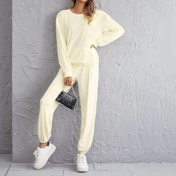 

Kangaroo Pocket Pullover & Sweatpants Set, Beige