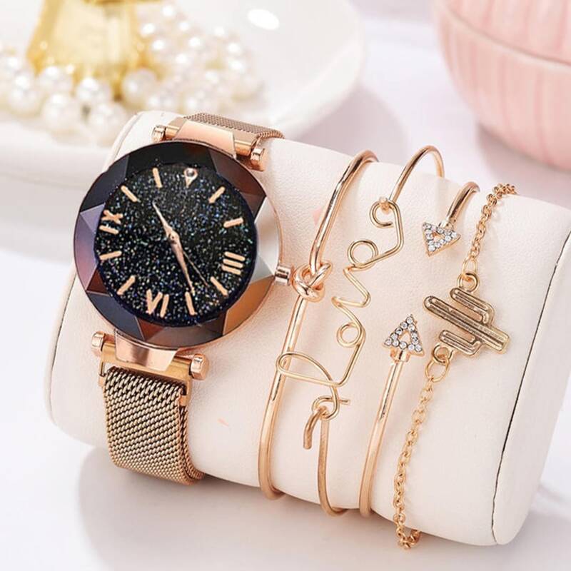 

1pc Round Pointer Quartz Watch & 4pcs Bracelet
