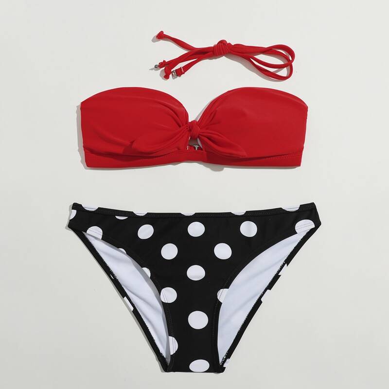 

Polka Dot Knot Front Bikini Swimsuit, Multicolor