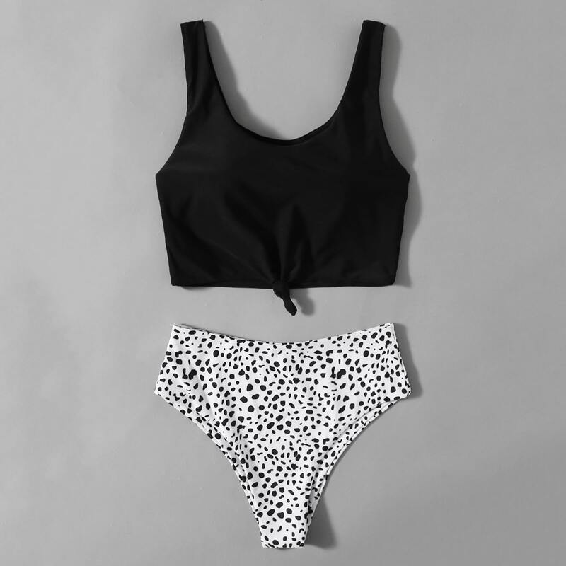 

Dalmatian Knot Detail Bikini Swimsuit, Black and white