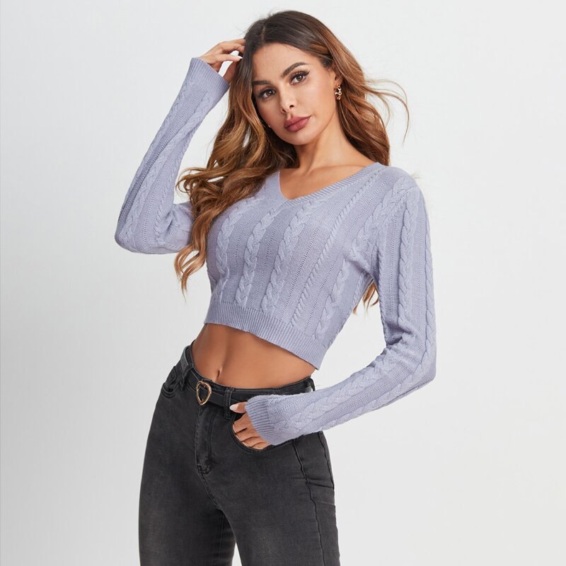 

Cable Knit Crop Sweater, Light grey
