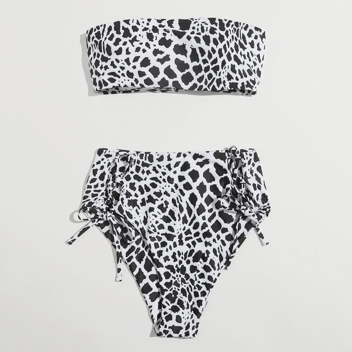 

Cow Print Lace-up High Waist Bikini Swimsuit, Black and white