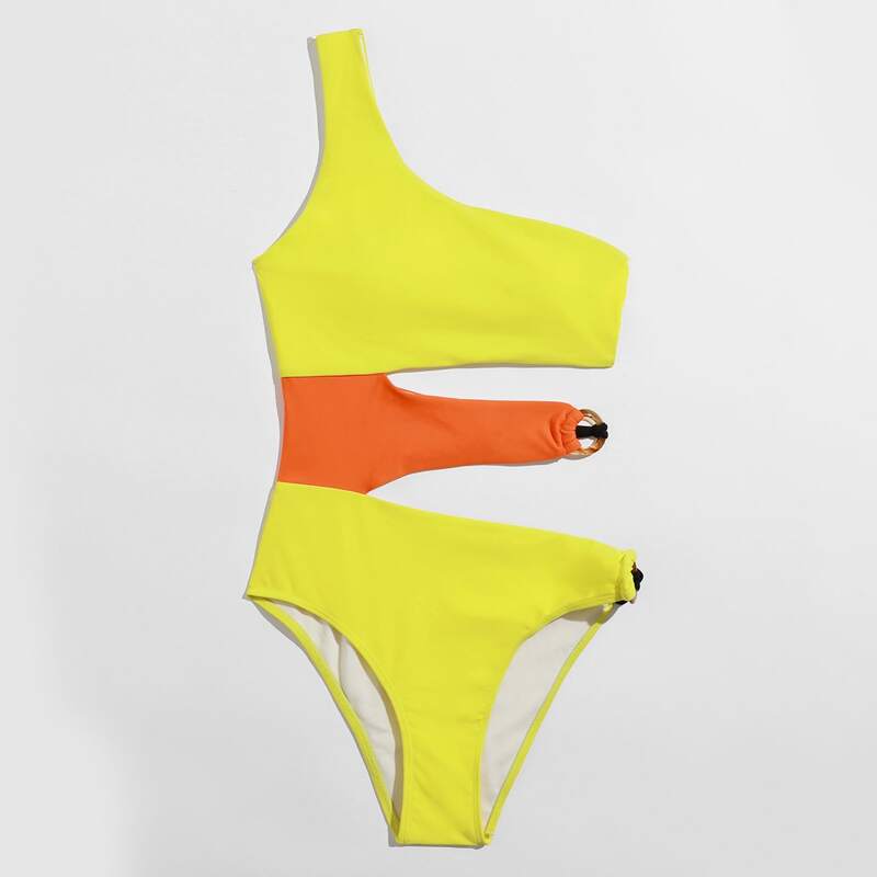 

Colorblock Ring Decor Cut-out One Piece Swimsuit, Multicolor