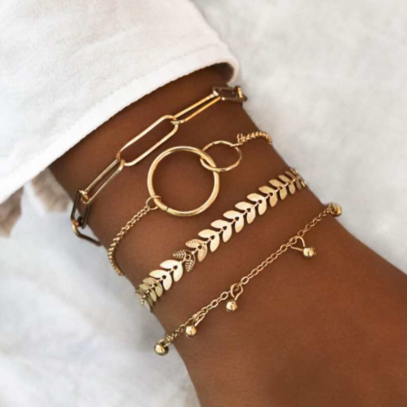 

4pcs Ring Decor Chain Bracelet, Gold