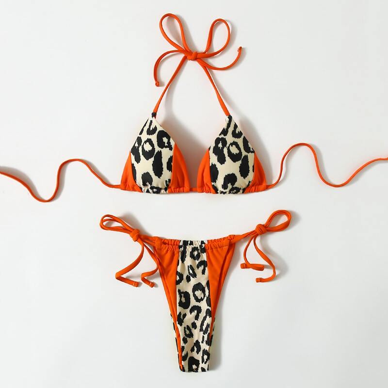 

Leopard Triangle Thong Bikini Swimsuit, Multicolor