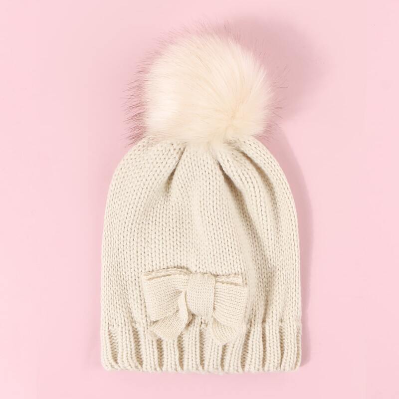 

Solid Bow Pom Pom Beanie, Beige