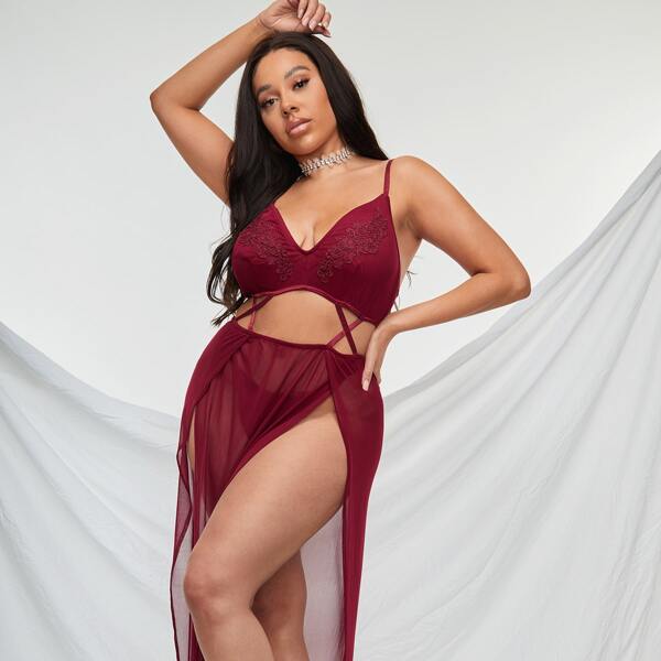 

Plus Mesh Cut-out Split Slips & Thong, Burgundy