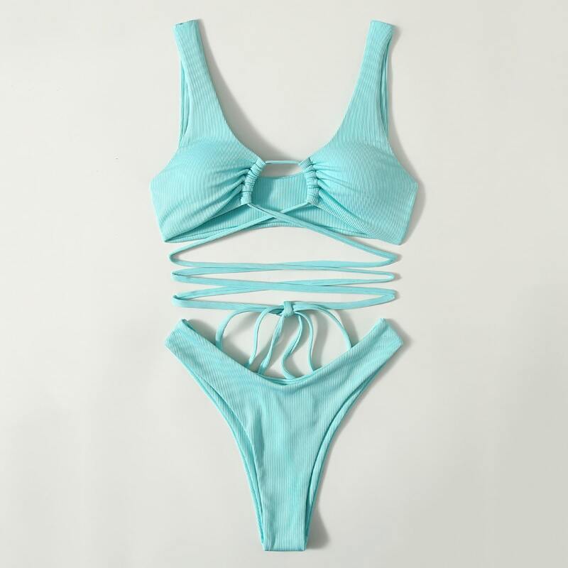 

Crisscross High Leg Bikini Swimsuit, Mint blue
