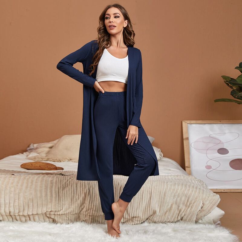 

3pcs Crop Cami Top & Sweatpants & Robe, Navy blue