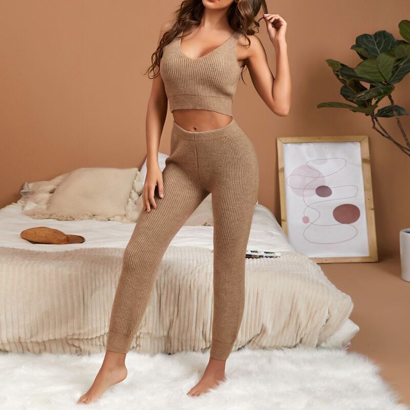 

Crop Tank Top With Pants Lounge Set, Mocha brown