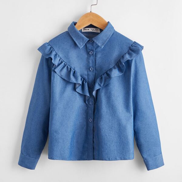 

Girls Ruffle Detail Button Placket Blouse, Blue