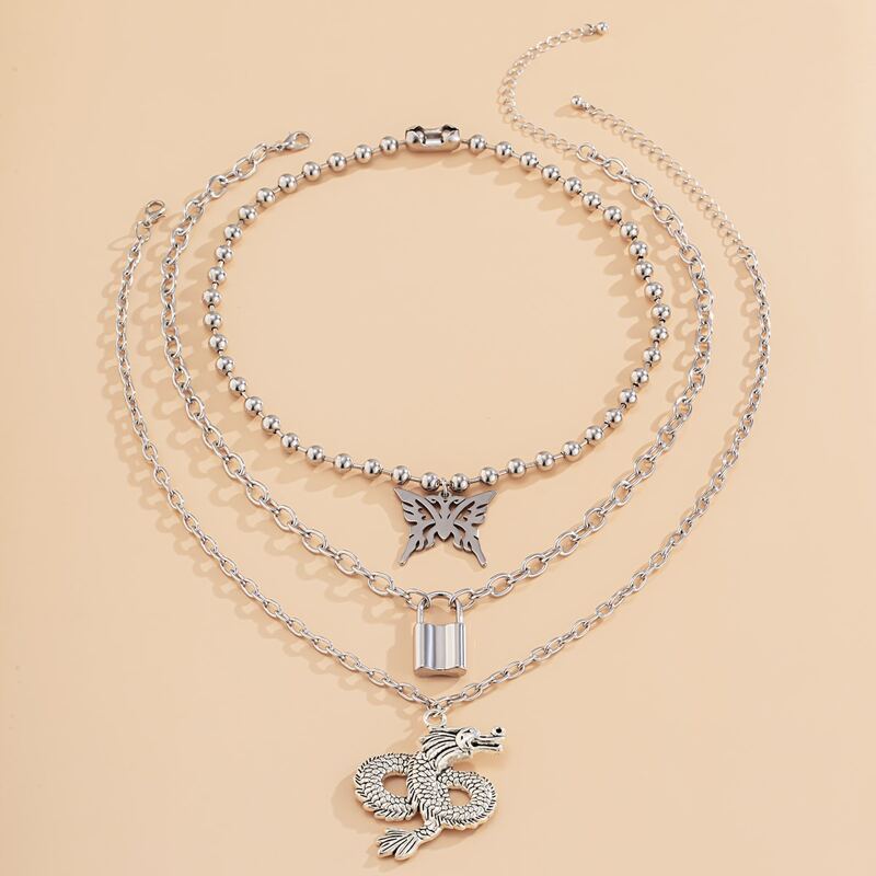 

3pcs Chinese Dragon & Lock Charm Necklace, Silver