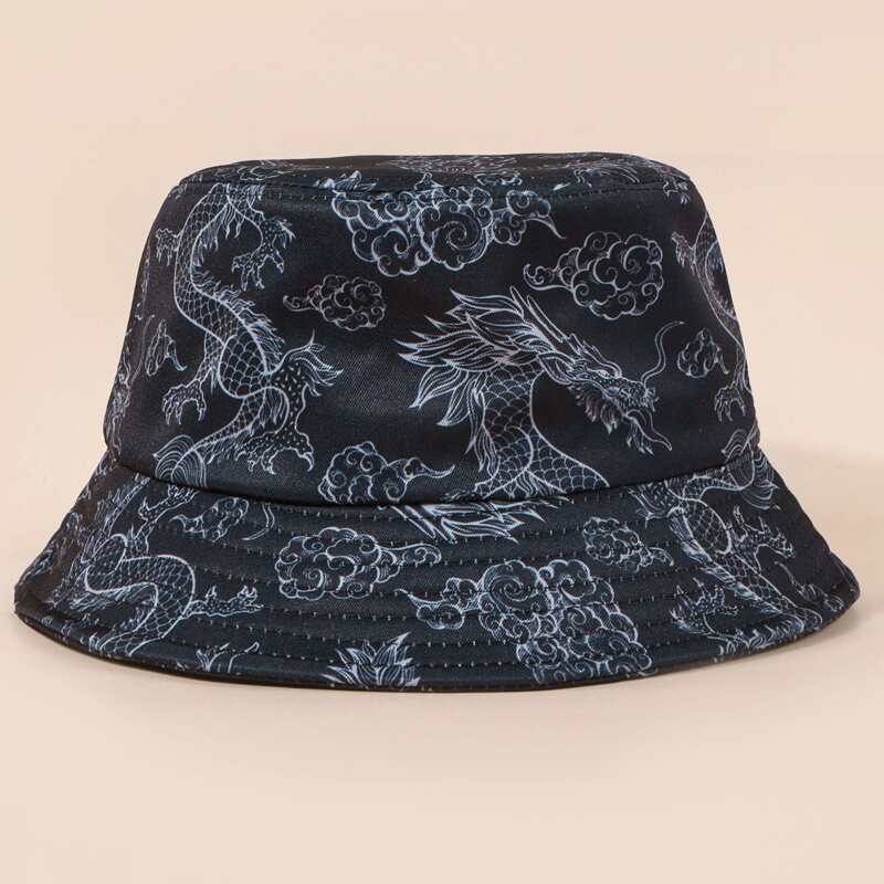 

Chinese Dragon Print Bucket Hat, Black