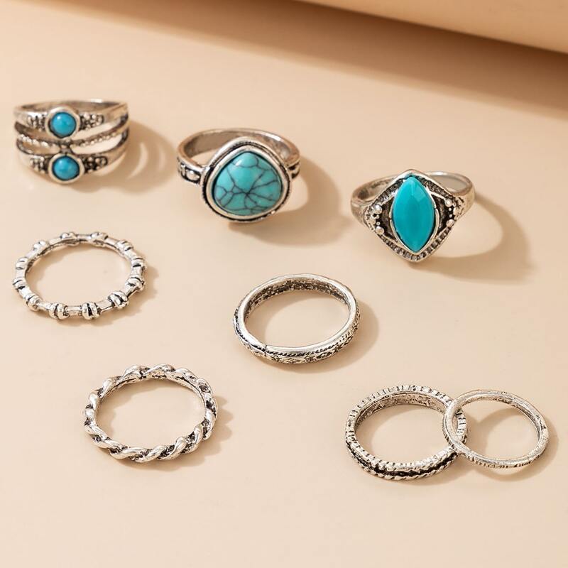 

8pcs Gemstone Ring, Silver