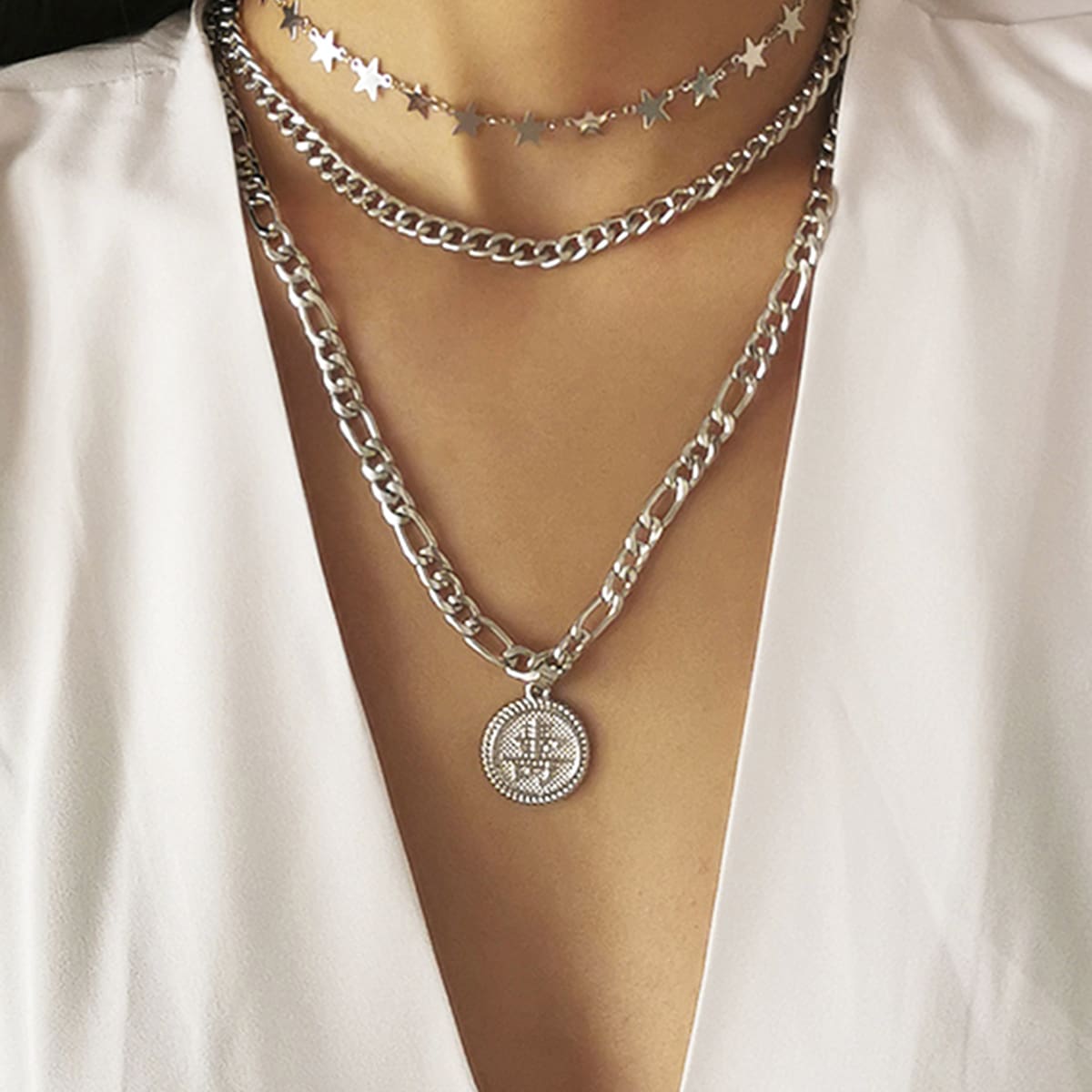 

3pcs Star & Coin Charm Chain Necklace, Silver