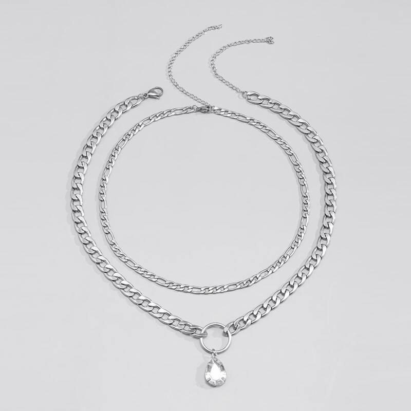 

2pcs Rhinestone Water Drop Chain Necklace, Silver