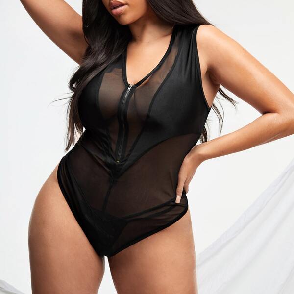 

Plus Chinese Dragon Pattern Back Mesh Teddy Bodysuit, Black