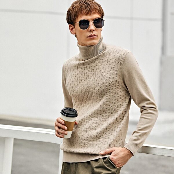 

Men High Neck Solid Sweater, Apricot