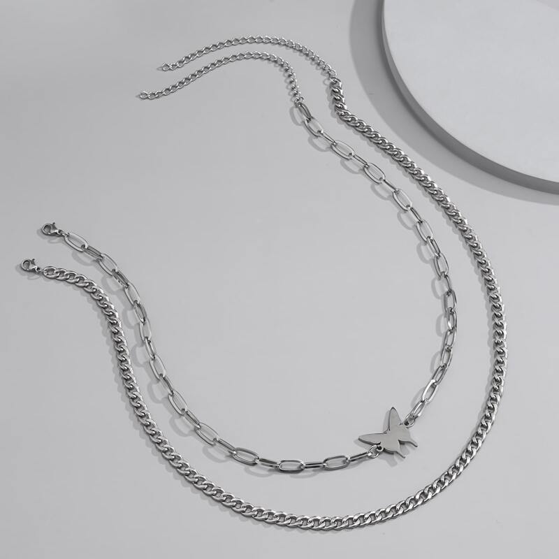 

2pcs Butterfly Charm Chain Necklace, Silver
