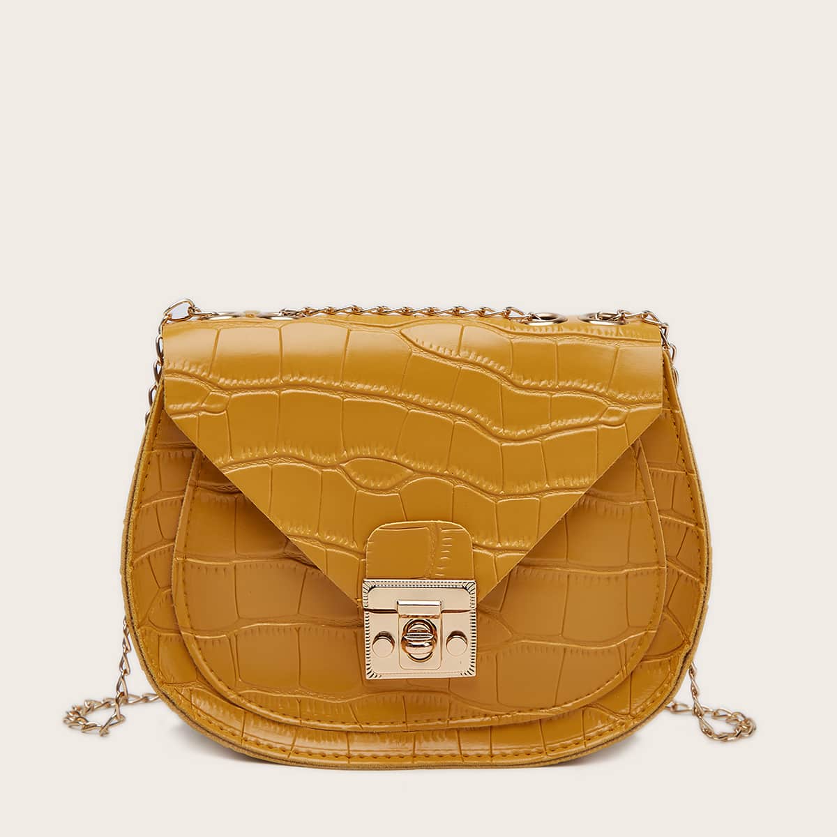 

Croc Embossed Chain Saddle Bag, Mustard yellow