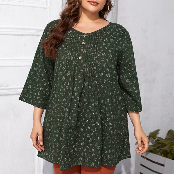 

Plus Plants Print Button Detail Blouse, Dark green