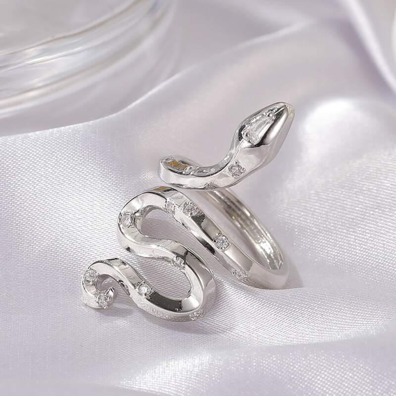 Rhinestone Snake Cuff Ring, Silver