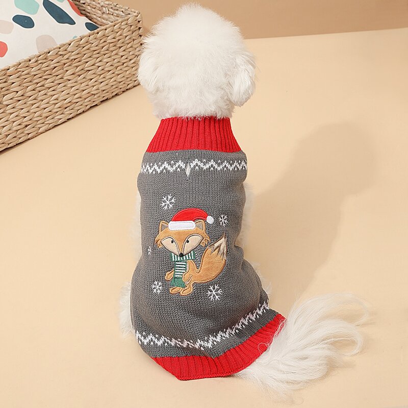 

Christmas Cartoon Fox Patch Dog Sweater, Grey