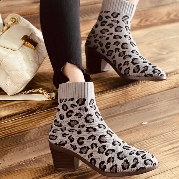 

Leopard Print Chunky Heeled Knit Boots, Multicolor