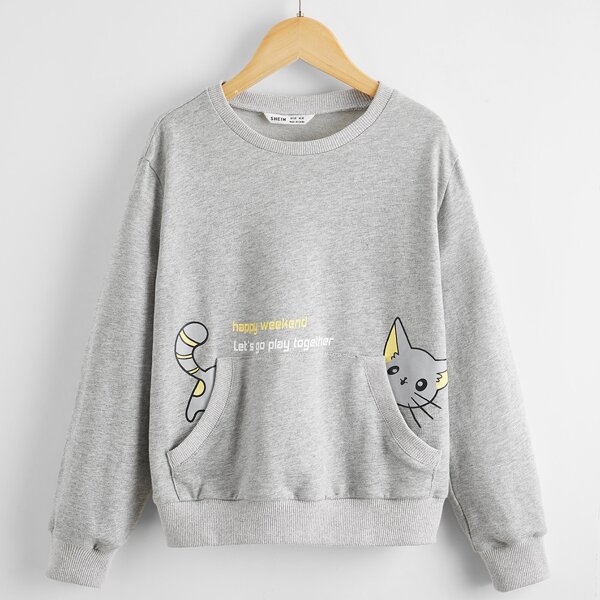 

Girls Cartoon & Slogan Graphic Patch Pocket Pullover, Light grey