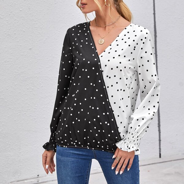 

Shirred Cuff Color Block Polka-dot Wrap Top, Black and white