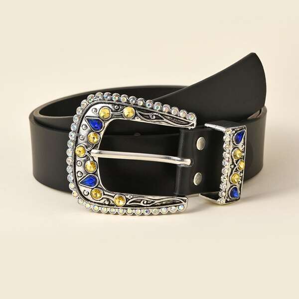 

Rhinestone Metal Buckle Belt, Black