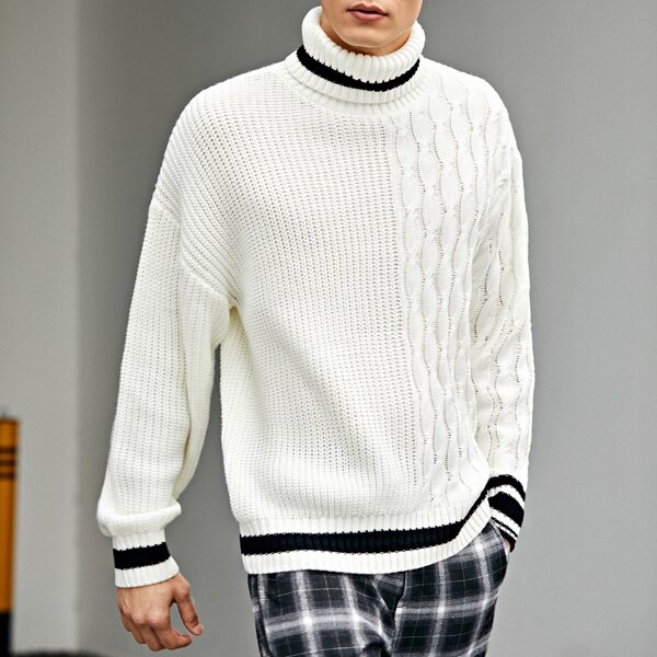 

Men Turtleneck Cable Knit Sweater, White