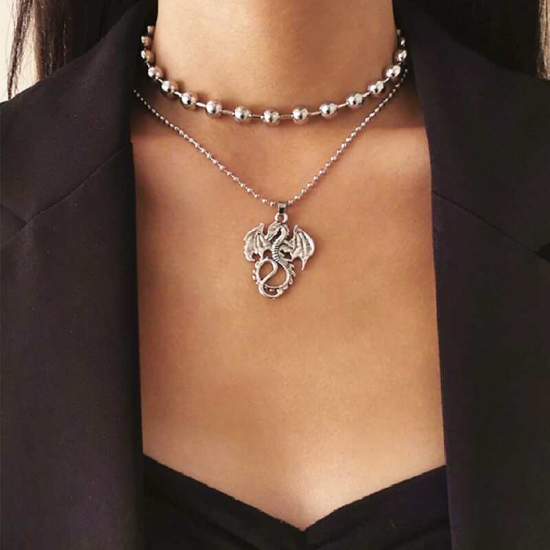

2pcs Dragon Charm Beaded Necklace, Silver