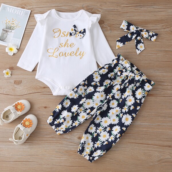 

Baby Girl Letter Graphic Bow Ruffle Tee Bodysuit & Floral Pants & Headband, Multicolor