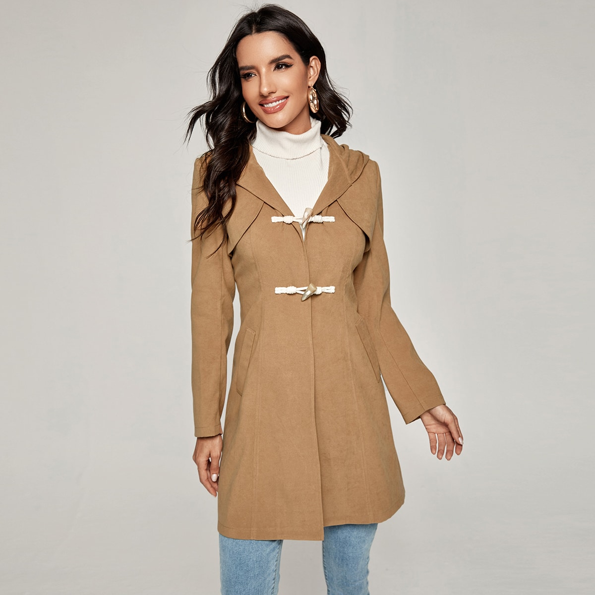 Image of Horn Button Hooded Overcoat