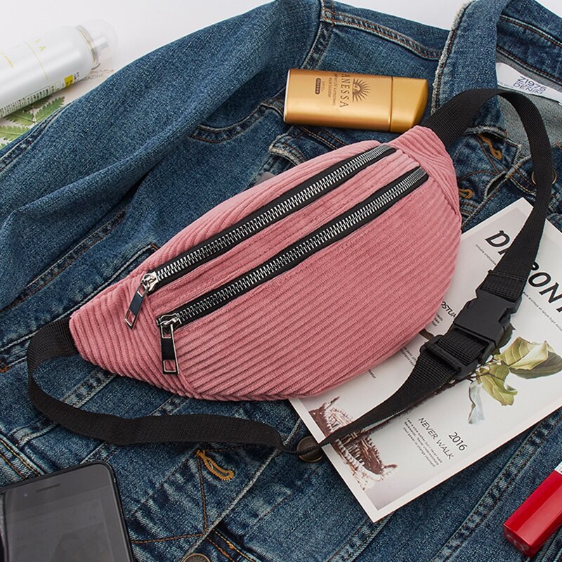 

Double Zip Corduroy Fanny Pack, Pink