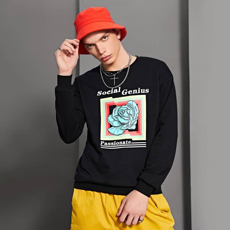 

Guys Floral & Letter Graphic Sweatshirt, Black